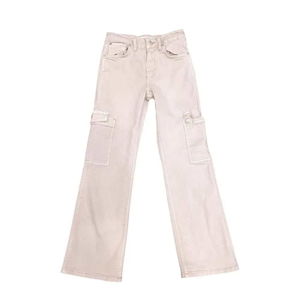 Zara Cargo Carpenter Pocket Jeans Pants Cream Beige Tan Khaki Girls Size 11 12